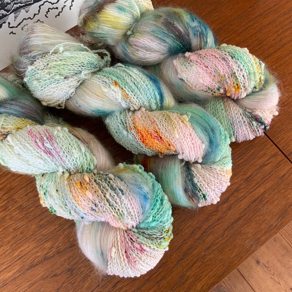 Waterlily - Twinset hand dyed yarn - 2 skeins - merino slub and mohair silk - green pink yellow speckled