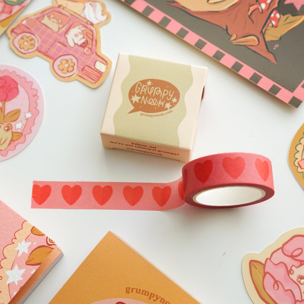 Red Pink Hearts washi tape - Matte, high quality washi perfect for planners, bujos, decorating, gift wrap, journalling