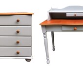 SOLD Grey Rustic Pine Bedroom Set of Chest of drawers Dressing Console table, Writing Desk with drawers hand painted Upcycled