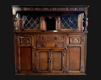 1950s Antique Style Solid wood Reproduction Court Cupboard, Carved Kitchen Dining Dresser, Display Cabinet, Sideboard, Office Furniture