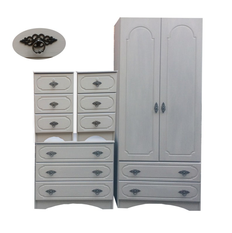 Sold French Grey Country 4 Piece Solid Wood Bedroom Furniture Set Of Wardrobe Chest Of Drawers Pair Of Bedside Tables Hand Painted Upcycled
