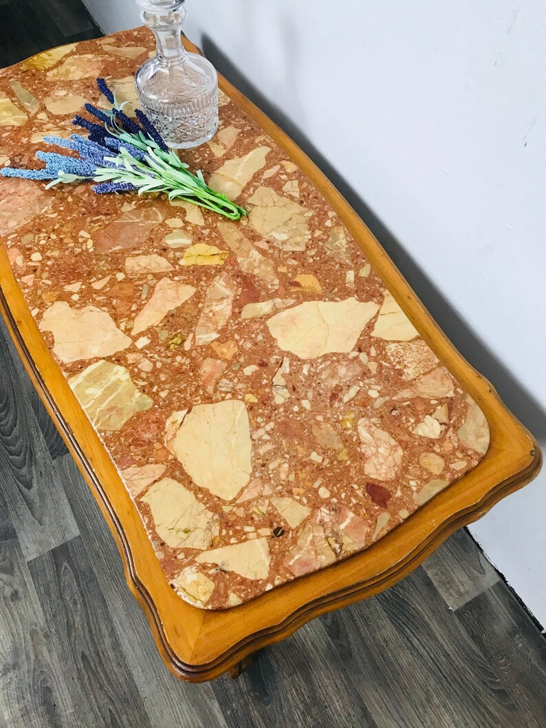 1960s French Antique Style Marble Top Wood Coffee Table / Side Table ...