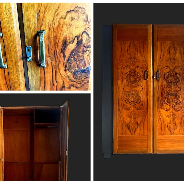 1950s Art Deco Carved wood Double door Armoire / Wardrobe / Press Linen / Dressing room Closet with rails, shelf Handmade