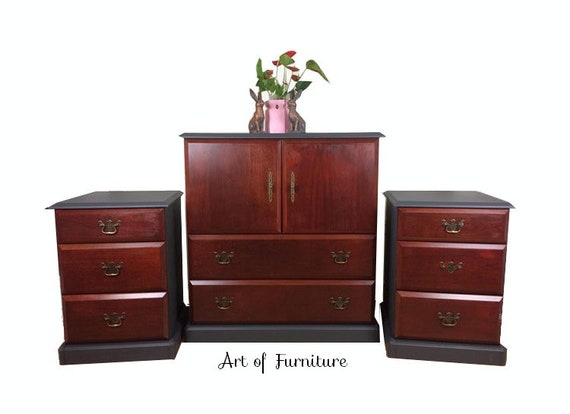 3 Piece Bedroom Office Set Of Vintage Red Mahogany Chest Of Drawers Cabinet Dresser 2 Bedside Tables Hand Painted Upcycled