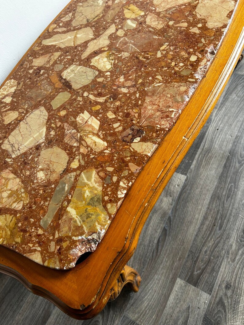 1960s French Antique Style Marble Top Wood Coffee Table / Side Table ...
