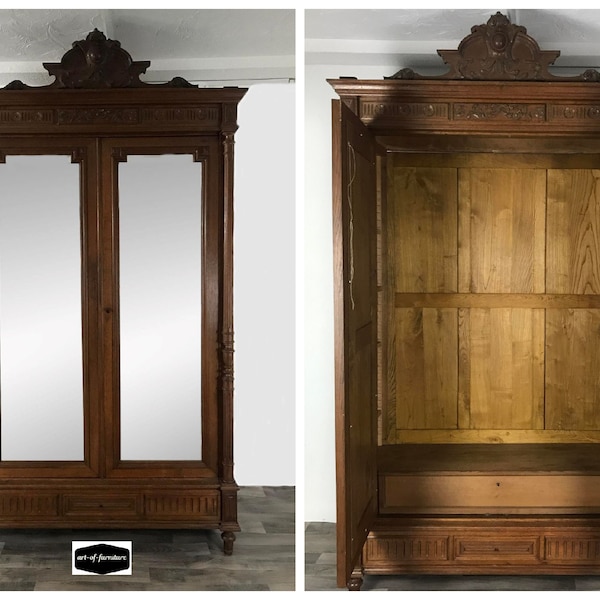 French Antique Renaissance Style 2 Mirrored Doors Armoire Wardrobe, Carved Ornate Solid wood Vitrine, Bookcase, Display Cabinet Storage Unit