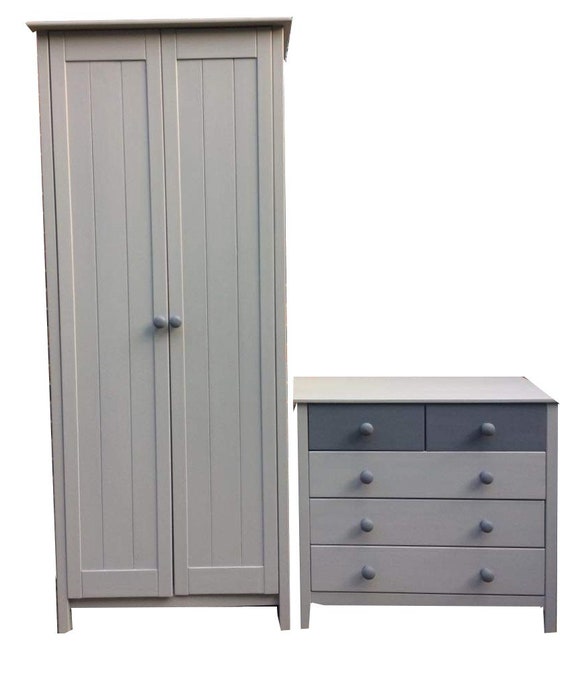 Sold Grey And Silver 2 Piece Pine Bedroom Furniture Set Of Wardrobe With Matching Chest Of Drawers Hand Painted Upcycled