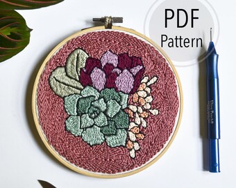 Succulent bouquet art, Cactus embroidery hoop, Botanical plant art, Hand embroidered gift, Colorful embroidery pdf, Punch needle pattern