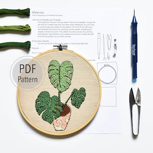 Monstera Plant Punch Needle Embroidery Pattern image 1