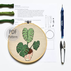 Modern punch needle pattern, Monstera Plant Art, DIY craft project, Beginner embroidery pdf, Embroidery hoop art, Easy embroidery tutorial