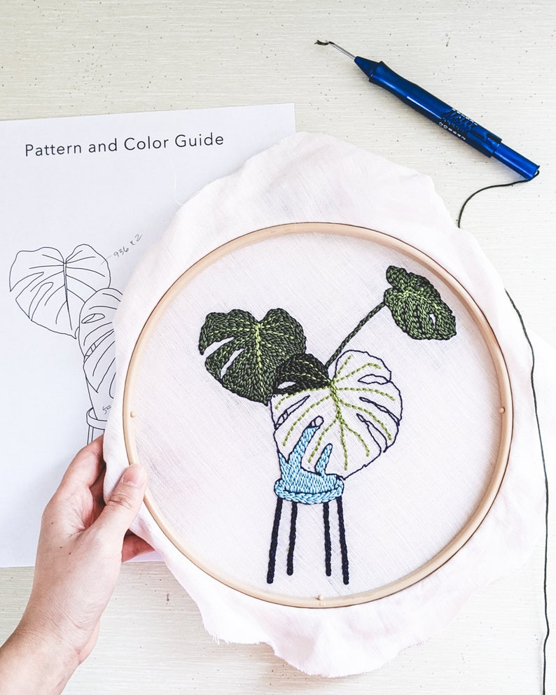 Punch needle pattern, Monstera wall art, DIY embroidery hoop, Contemporary embroidery pdf, Modern craft, Botanical illustration, Plant decor image 6