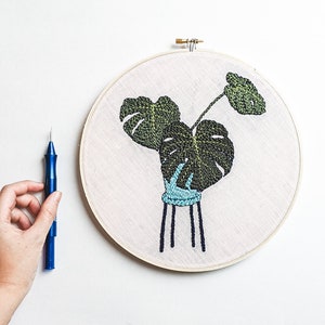 Punch needle pattern, Monstera wall art, DIY embroidery hoop, Contemporary embroidery pdf, Modern craft, Botanical illustration, Plant decor image 2