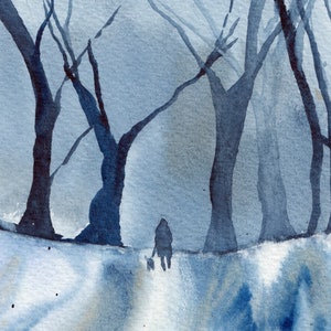 May include: A watercolour painting of a person walking a dog through a woodland on a misty day. The trees are silhouetted against a pale blue sky, and the ground is covered in snow.