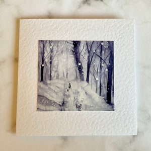 Walking with Dog in the Forest Snow Handmade Christmas Card from Original Watercolour Painting