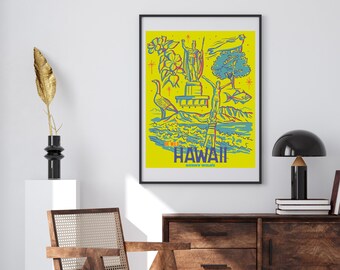 Hawaii State Poster, Digital Illustration, Hand Drawn Wall Art, Digital Print, Travel Poster