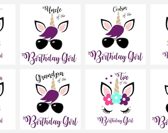 May include: A set of 10 printable unicorn designs featuring different family member titles, such as "Aunt of the Birthday Girl" and "Grandpa of the Birthday Girl". Each design includes a unicorn with a horn, ears, eyelashes, and either sunglasses or flowers.
