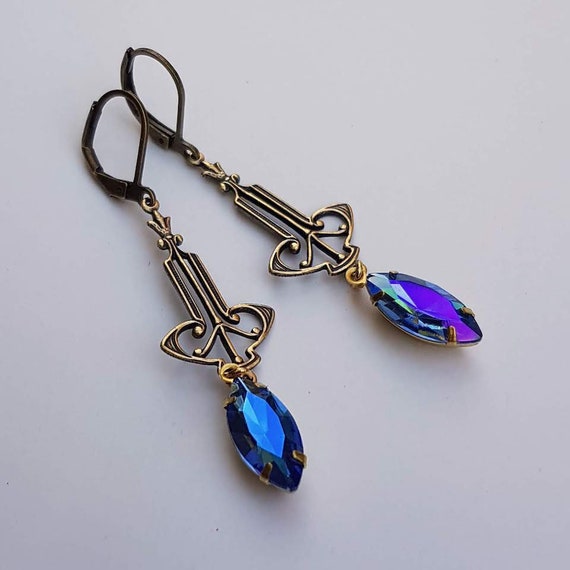Art Nouveau Earrings Antique Bronze Blue Green Purple AB | Etsy