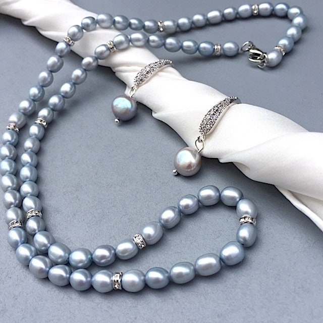 Pale Blue Pearl Necklace Set Earrings 