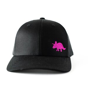 Toddler/Youth/Child's Black Classic Trucker Hat with Pink Embroidered Triceratops Dinosaur, by Driftwood Design Company.