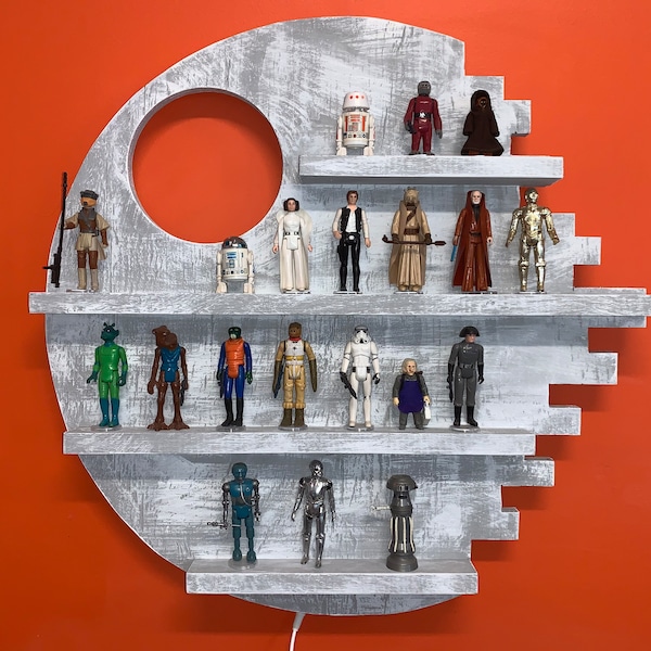 Custom Death Star Wall Display Shelf Backlit With Remote Controlled LED Lights. Perfect Display For Vintage Star Wars Figures and Legos