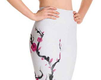 Waist High Yoga Leggings for Women, Cherry Blossom Flower Kanji Design, Custom Print Handmade