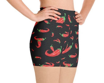 Waist High Yoga Shorts for Women, Cinco de Mayo Shorts, Red Chili Pepper Design, Custom Print Handmade
