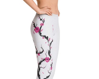 Leggings for Women, Cherry Blossom Flower Kanji Design, Custom Print Handmade