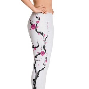 Leggings for Women, Cherry Blossom Flower Kanji Design, Custom Print Handmade