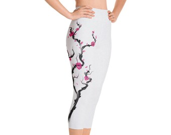 Waist High Yoga Capri Leggings for Women, Cherry Blossom Flower Kanji Design, Custom Print Handmade