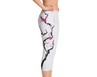 Capri Leggings for Women, Cherry Blossom Flower Kanji Design, Custom Print Handmade