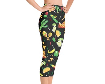 Waist High Yoga Capri Leggings for Women, Cinco de Mayo Leggings, Fiesta Design, Custom Print Handmade