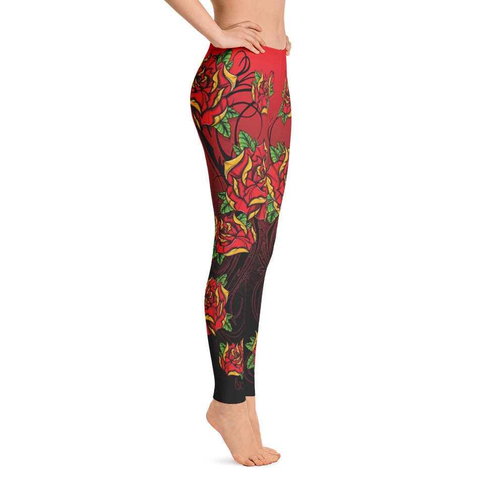 Leggings for Women, Red Rose Tattoo Filigree Design, Custom Print Handmade