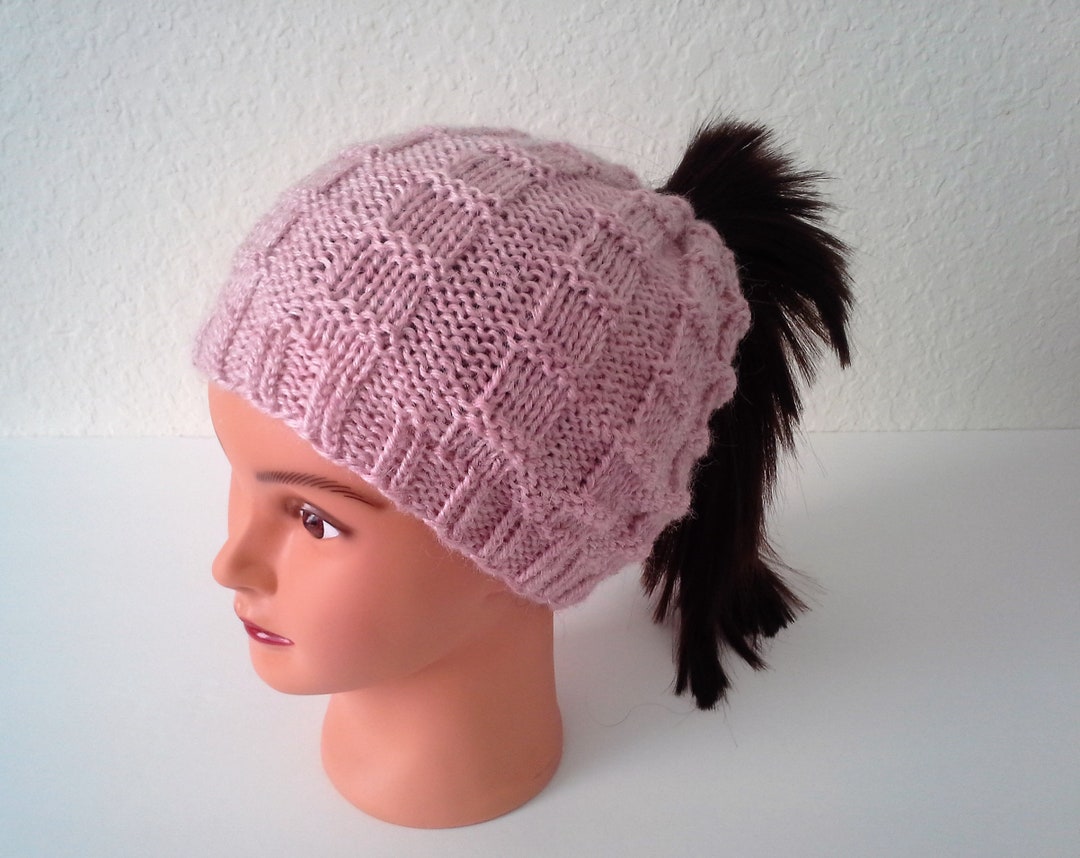 Pink Ponytail Hat Womens Knit, Messy Bun Hat Knit, Womens Knit Hat