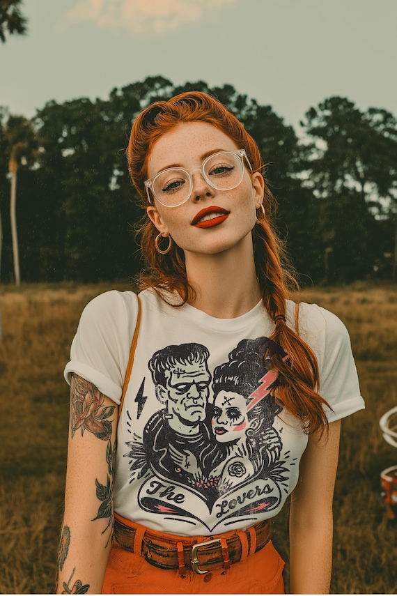 Frankenstein & Frankenstein's Bride "The Lovers" Tarot Cards Tattoo Style Shirt – Vintage Horror Couple  Tee
