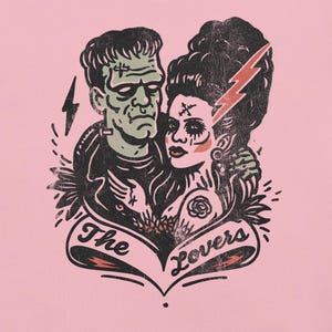 Frankenstein & Frankenstein's Bride "The Lovers" Tarot Cards Tattoo Style Shirt – Vintage Horror Couple  Tee