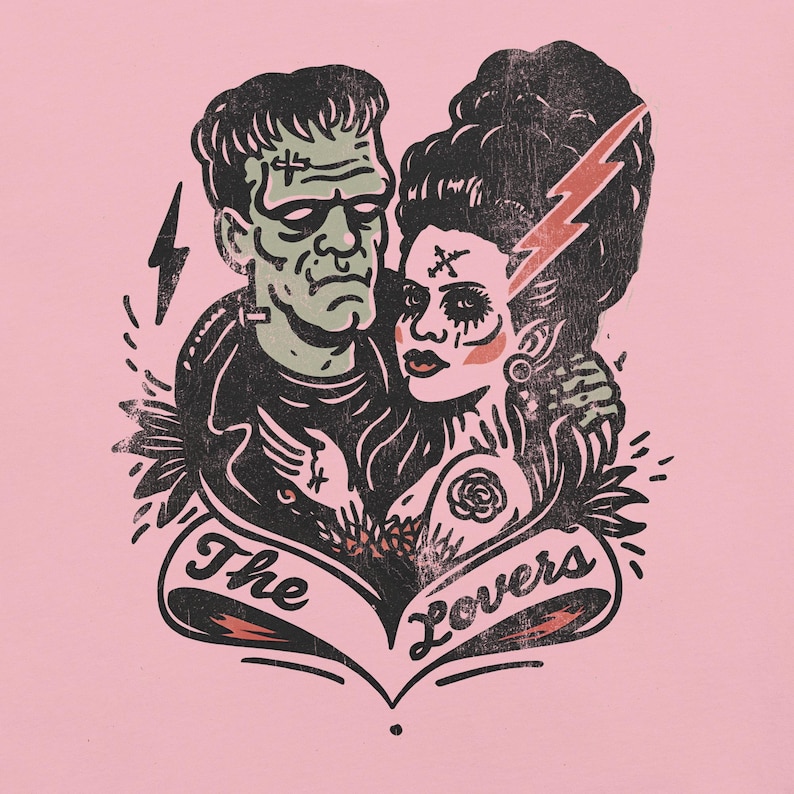 Frankenstein & Frankenstein's Bride "The Lovers" Tarot Cards Tattoo Style Shirt – Vintage Horror Couple  Tee