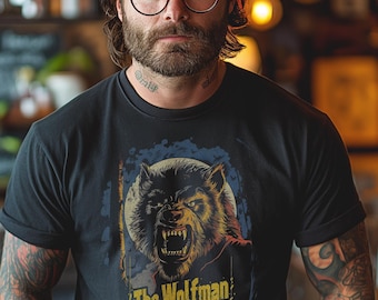Wolfman T-Shirt - Blue and Gold Werewolf Portrait, Retro Horror Tee