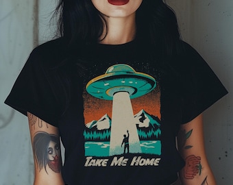Koszulka z nadrukiem „Zabierz mnie do domu” z motywem UFO – koszulka z grafiką w stylu retro z motywem porwania przez kosmitów, vintage'owa sztuka science fiction, zabawny prezent dla osoby wierzącej w UFO