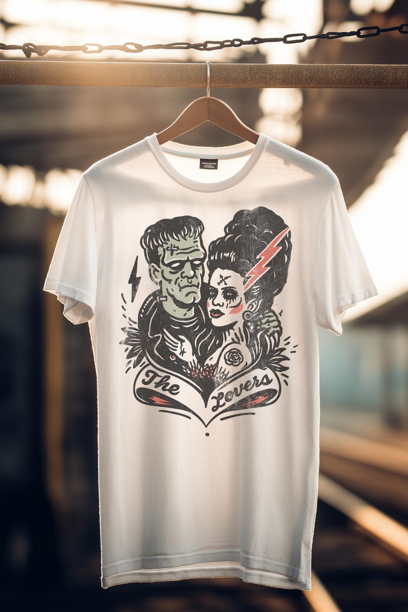 Pu&ograve; includere: T-shirt bianca con un'illustrazione in bianco e nero di Frankenstein e la sua sposa, con un fulmine rosso e le parole "The Lovers" su uno striscione. La maglietta &egrave; appesa a una gruccia di legno.