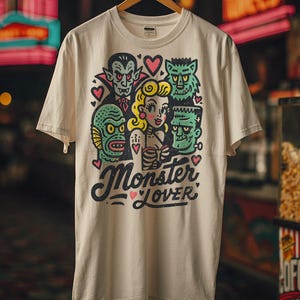Pu&ograve; includere: T-shirt color crema con una grafica colorata di mostri cinematografici classici e una donna, con la scritta "Monster Lover" in un font stilizzato. Il design include Dracula, il mostro di Frankenstein e il mostro della Laguna Nera.