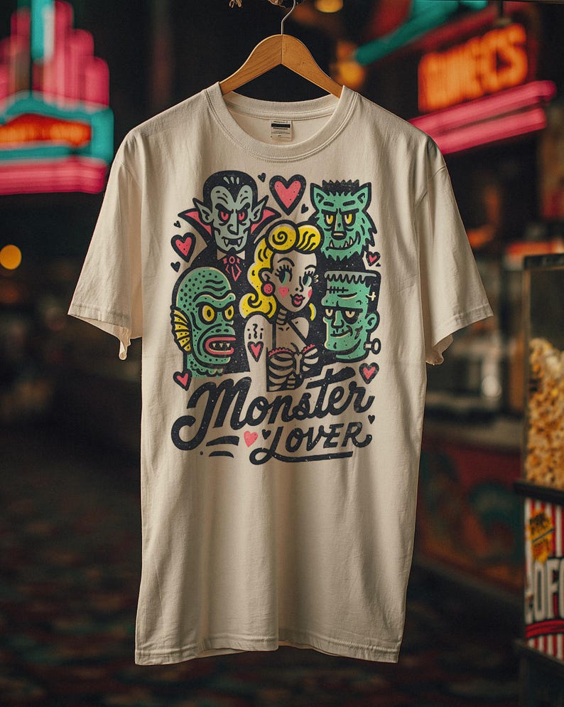 Pu&ograve; includere: T-shirt color crema con una grafica colorata di mostri cinematografici classici e una donna, con la scritta "Monster Lover" in un font stilizzato. Il design include Dracula, il mostro di Frankenstein e il mostro della Laguna Nera.
