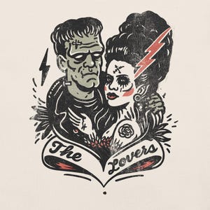 Frankenstein & Frankenstein's Bride "The Lovers" Tarot Cards Tattoo Style Shirt – Vintage Horror Couple  Tee