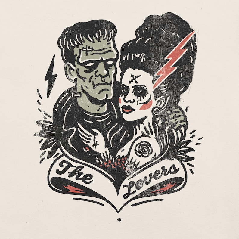 Frankenstein & Frankenstein's Bride "The Lovers" Tarot Cards Tattoo Style Shirt – Vintage Horror Couple  Tee