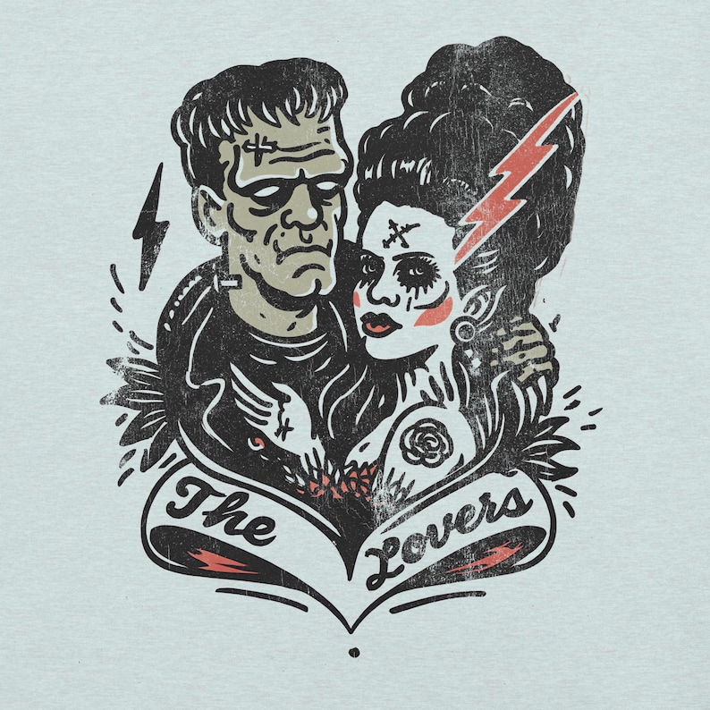 Frankenstein & Frankenstein's Bride "The Lovers" Tarot Cards Tattoo Style Shirt – Vintage Horror Couple  Tee