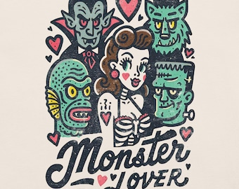 Maglietta per amanti dei mostri - Grafica in stile tatuaggio con pin-up e mostri