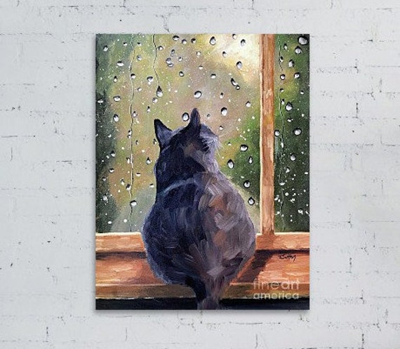 Grey Cat On A Rainy Windowsill Print Of Original Oil Etsy
