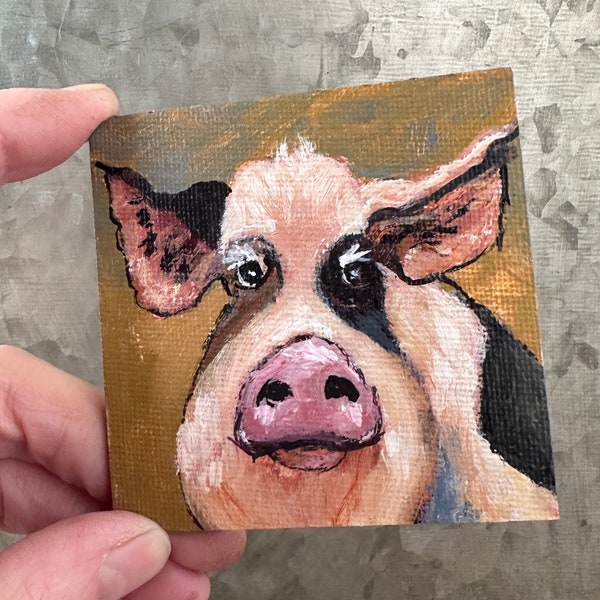 Tiny ORIGINAL Pig painting by T. Sutton, 3" panel fridge magnet, farmhouse kitchen art, stocking stuffer, hog painting, country kitchen art