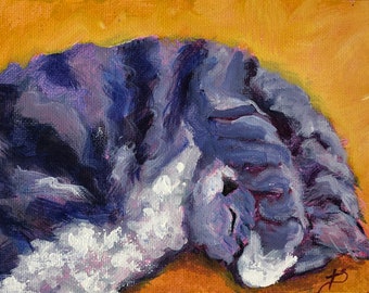 Sleeping grey tabby cat painting, father's day, cat lady gift, Cat lovers wall art, Giclee prints of acrylic painting by T. Sutton