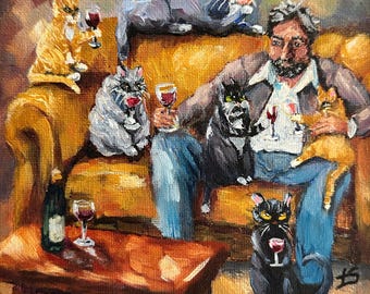 Crazy Cat Man Wine Art: Whimsical Cat Dad Giclee Print