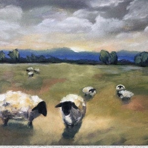 Grazing sheep impressionist landscape painting, Giclee canvas or prints by T. Sutton, farmhouse decor, country home, sunrise on the meadow
